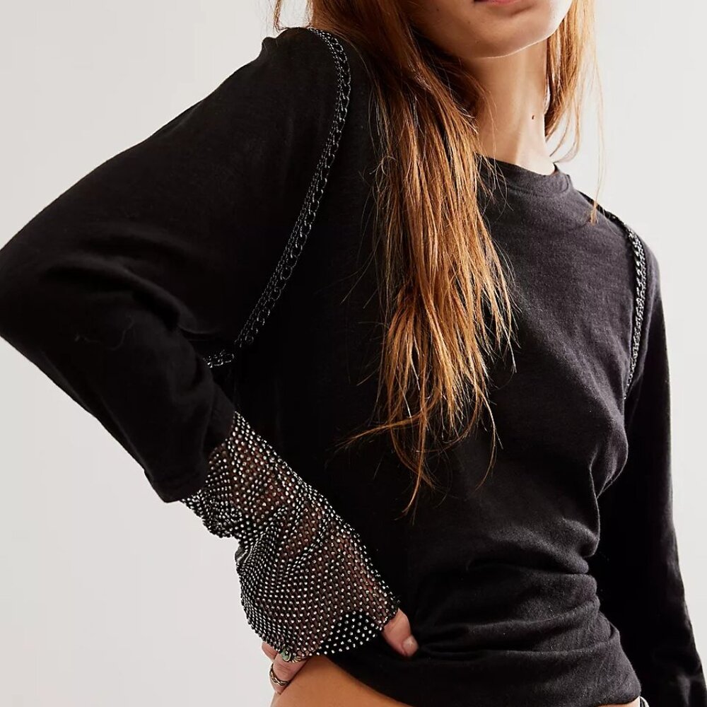 NWT Free People After Dark Cuff Shirt, Black with embellished cuffs and trim.